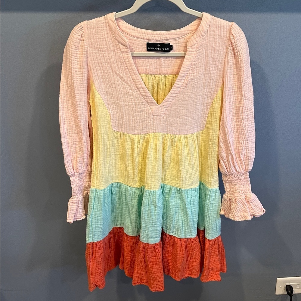 Tuckernuck Pomander Place Kenzo Long Sleeve Tiered Dress Pastel Pink Yellow - Picture 3 of 6